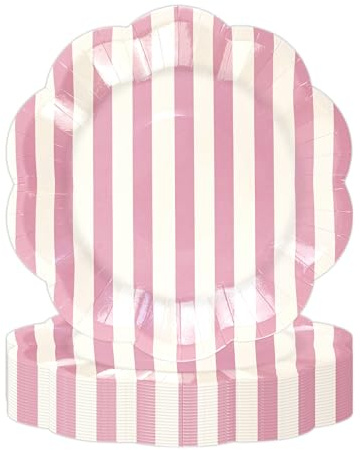DHAIQC 50 Stück Gestreifter Pappteller Rosa 18cm, Gewelltem Partyteller Papierteller Geburtstagsteller Dessertteller Kuchenteller Einwegteller Set für Geburtstag Hochzeiten Picknick Dekoration (Rosa)