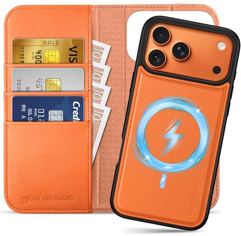 SHIELDON 2 IN 1 Rindsleder Hülle für iPhone 17 Pro Max 6,9 5G 2025, Orange | Handyhülle, Kabelloses Laden, RFID Blocker, Kartenfach, Magnetverschluss, Handy-Ösen, Ständer, Klapphülle