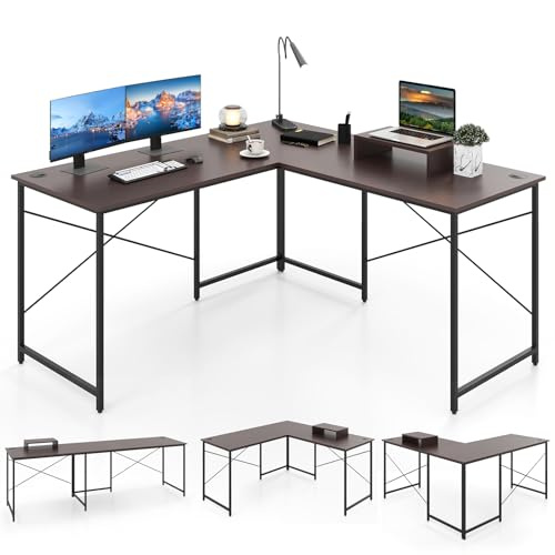 GIANTEX Escritorio Esquinero en Forma de L, Mesa de Ordenador Reversible con Soporte para Monitor Extraíble, 2 Combinaciones, Mesa de Esquina para Oficina, Dormitorio (Marrón Rojizo)