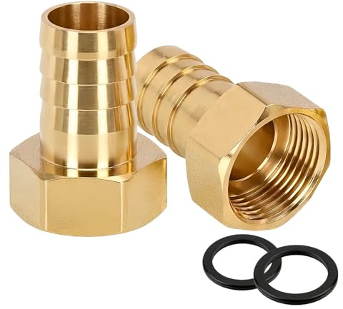 2 stycken mässingsslanghylsor G3/4 tum (Ø 24 mm) Ig x 19 mm tyll, slanganslutning 19 mm krokar G3/4 tum inre gänga med gummitätning, slangkoppling gängad montering mässing