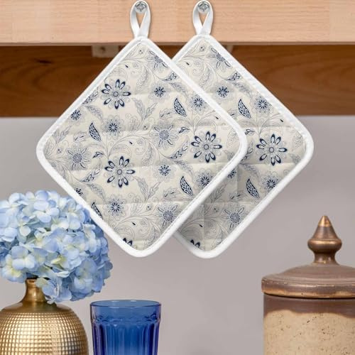Pot Holders Set of 2, Ethnic Blue Paisley Flower Pattern Potholder for Kitchen Heat-Proof Hot Pads, Floral Leaf on Retro Flax Hot Mats Potholders for Cooking Baking BBQ