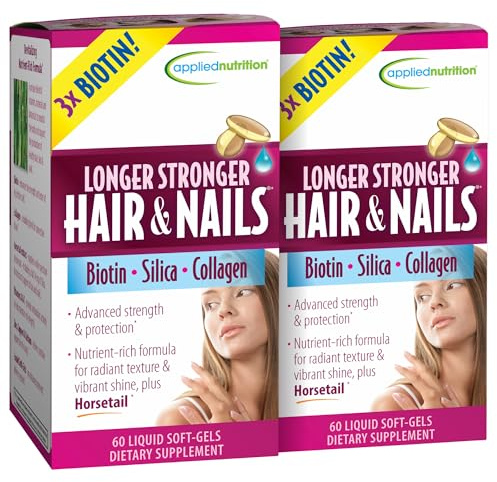 Applied Nutrition Longer Stronger Hair & Nails - 60 Liquid Soft-Gels, Pack of 2 - Biotin, Silica & Collagen - 60 Servings