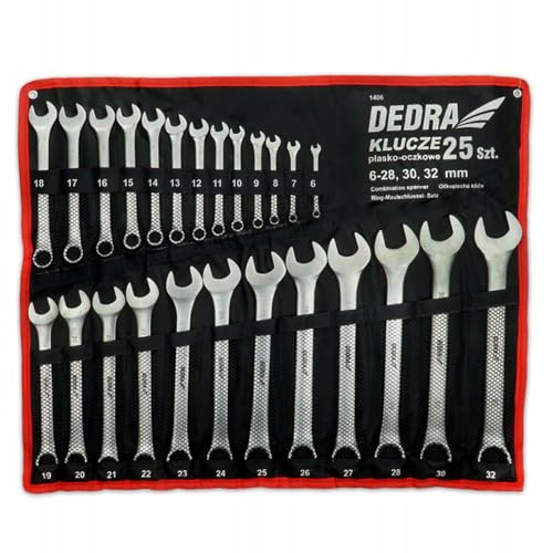 Dedra Ringmaulschlüssel-Set mit Abdeckung 1406, 25-tlg., CrV, Ringmaulschlüssel 6-28, 30, 32 mm, 25-teilig, inkl. Tetron-Rolltasche | Gabelringschlüssel