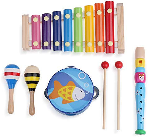 Boxiki Musikinstrumenten-Set für Kinder | Rhythmus- und Musiklernspielzeug für Kinder | Naturspielzeug mit Tragetasche (6 Stück)