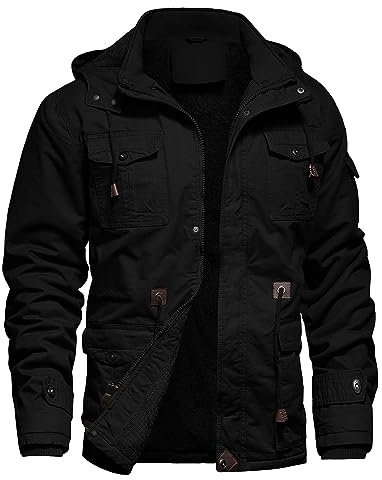 LEPOAR Men's Winter Jacket Military Jacket Fleece Lined Warm Cargo Jackets Removable Hood Cotton Work Coat, Black-L