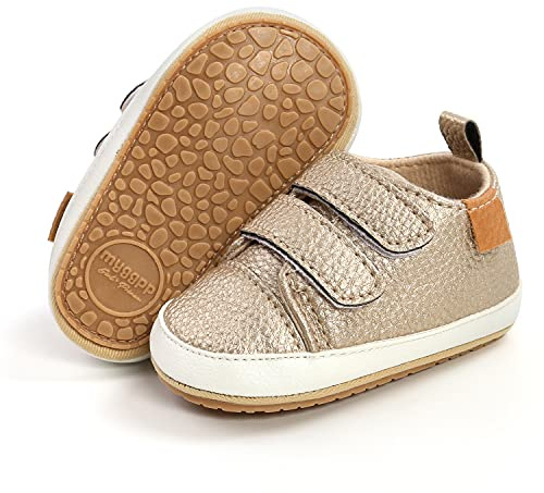 BABSMULY Halkfria babyskor PU babyskor för nyfödda babyskor flats, Guld, 0-6 mesi