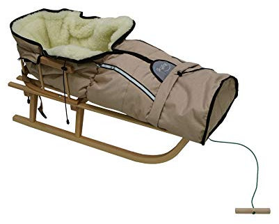 Holzschlitten für Kinder mit Rückenlehne Rodelschlitten Davoser Schlitten aus Holz mit einem Sicherheitsgurt, Rückenlehne und Winterfußsack (Natur/Beige Schlafsack)