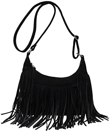 LOVIVER Women Shoulder Handbag Tassel Purse, Fashion Modern Satchel Adjustable Strap Retro Fringe for Beach Travel School Vacation Phone, Black