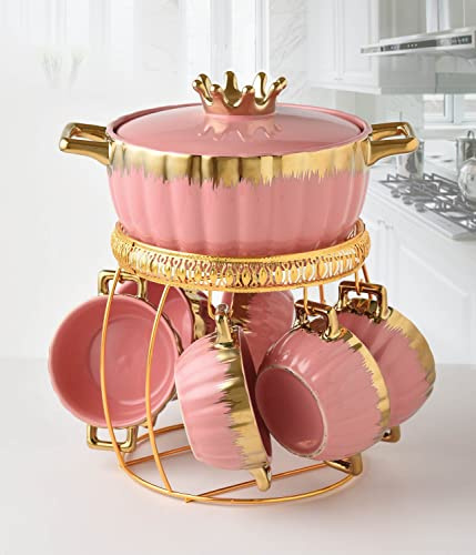 TFE's Fancy Ceramic Soup Tureen Bowl Gift Set with 6 Soup Bowls/Cups with Handles, Gold Stand & Lid, Hotpot Style Home Decor Kitchen Utensils Set for Ramen Pasta Gravy (Pink and Gold)