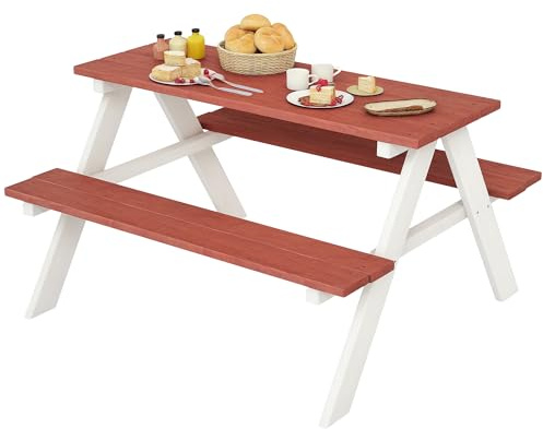 Outsunny Set Tavolo da Picnic per Bambini, Tavolo e Panche in Legno, Mobili da Giardino per Bambini, Giochi da Esterno, Età 3-8 Anni, Marrone