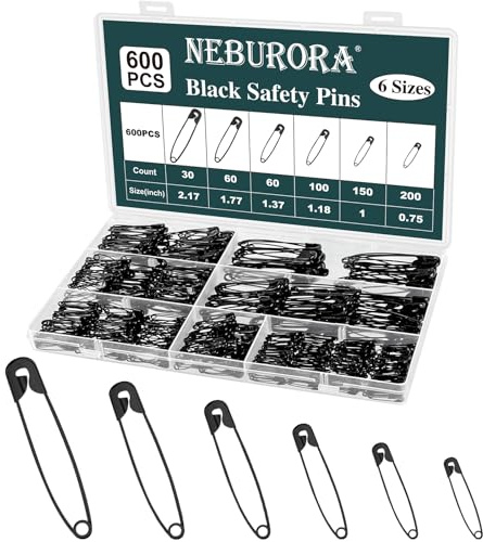 NEBURORA 600 spille da balia nere di dimensioni assortite, piccole e grandi, spille da balia per vestiti, casa, scuola, ufficio, cucito, artigianato e arte