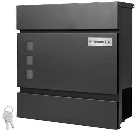 Zedelmaier Briefkasten mit Zeitungsfach personalisiert namensschild Edelstahl namensschild Briefkasten Wandbriefkasten mit hausnummer Edelstahl abschließbar Postkasten Schwarz (10 X 31 X 33 cm)