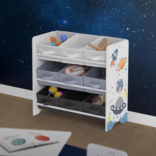 Joyz Kinderregal, Weltraum, 62,5x29,5x60 cm, Weiß, Spielzeugregal mit 9 Aufbewahrungsboxen aus Vliesstoff, Kinder-Bücherregal mit 3 Etagen, Kinderzimmerregal Aufbewahrungsregal Spielzeug Organisator