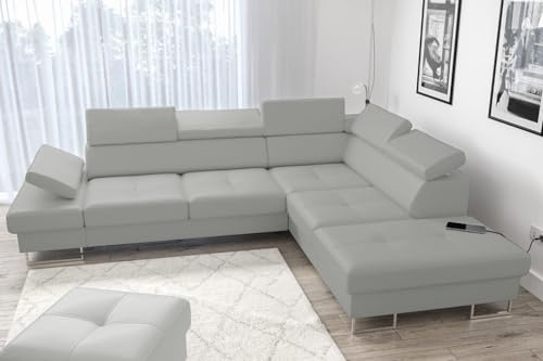 Hörnsoffa Galaxy 225 x 280 cm av äkta läder – lädersoffa med sovfunktion och sänglåda, justerbara nackstöd och armstöd, hörnsoffa höger eller vänster – modern design (ljusgrå, höger)