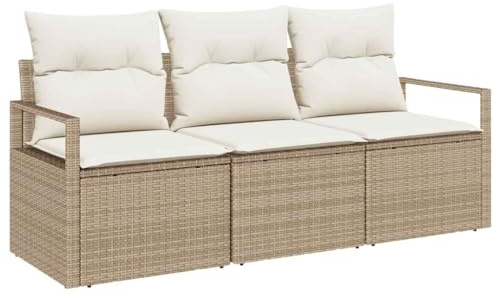 vidaXL Gartensofa-Set mit Kissen 3 pcs Beige und Weiß Poly-Rattan, Garten und Terrasse, modernes, strapazierfähiges Möbelset, Bequeme Sofa, wetterfeste Sitzgelegenheiten, stilvolle Lounge