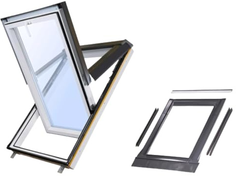 SkyLight Fenêtre de toit en plastique 114 x 118 cm avec cadre de couverture, Uw 1,4 / Ug 1,0, 3 fonctions d'ouverture, résistant à l'humidité, avec kit d'isolation et de raccordement – Différentes