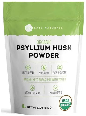 Kate Naturals Psyllium Husk Powder for Fiber, Digestion & Baking Bread. Mixes Easily with Juice & Smoothies (12oz, Organic, Gluten Free, Fine Ground)