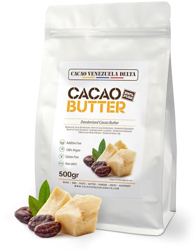 Cacao V Delta Manteca De Cacao Pura Desodorizada 500g Para Uso Alimentario y Cosmético - Manteca de Cacao Sin Gluten Vegana Paleo y Keto Ideal Para Chocolates y Postres Sin Aditivos y Antioxidante