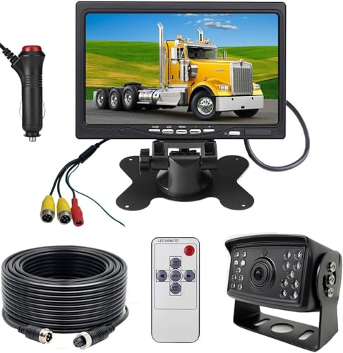 HCACANG-12V 24V Telecamera posteriore e sistema di monitoraggio della retromarcia LCD HD per camper, camion e rimorchi, impermeabile, visione notturna con cavo connettore a 4 pin da 10 m