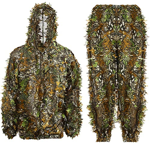 Amoper Ghillie Suit 3D Leafy Hunting Suits, Outdoor Hooded Camouflage Clothing for Man, Gilly Suit Camo Outfit with Jacket & Pants -Breathable (Height 3.8-4.8 ft)