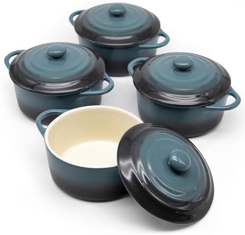 Kook Ceramic Mini Cocotte Set, Small Casserole Dishes with Lids and Handles, Individual Baking Ramekins, Oven, Microwave & Dishwasher Safe, Stoneware, 12 oz, Set of 4, (Stone Ombre)