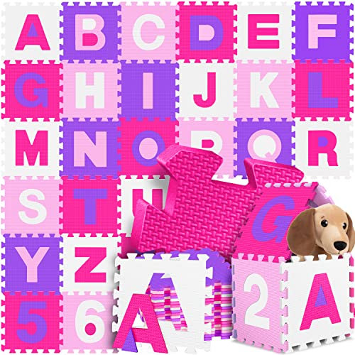 KIDIZ® Spielmatte 86 TLG Spielteppich Puzzlematte Kinderteppich Schutzmatte Kinderspielteppich Schaumstoffmatte ABC Lernteppich Puzzleteppich Puzzle Zahlen Buchstaben Maß je Matte ca. 31,5x31,5cm Rosa