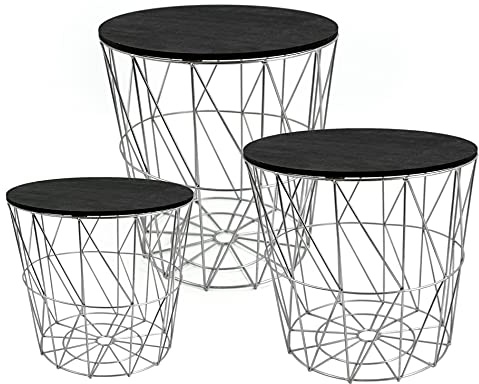 Spetebo Metall Beistelltisch mit Stauraum Silber/Schwarze Platten - 3er Set - Wohnzimmer Tisch mit Abnehmbarer Holz Platte Metallkorb Sofatisch Couchtisch