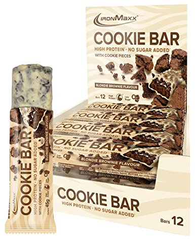 IronMaxx Cookie Bar - Blondie Brownie Flavour 12 x 45g | Eiweißriegel mit leckeren Keksstückchen | zuckerreduzierter und palmölfreier Proteinriegel