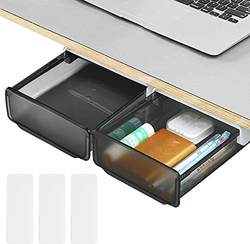 BUENTYA 2Pcs Under Desk Drawers, Self-Adhesive Under Desk Storage Organizer Box Slide-Out Under Table Drawer Large Capacity