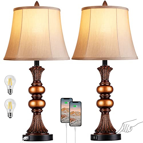 Set of 2 Touch Control Traditional Table Lamp, 27H Bedside Lamps with 2 USB Charging Ports, 3-Way Dimmable Bronze Finish Large Nightstand Lamps with Bell Faux Silk Shade for Living Room, Bedroom