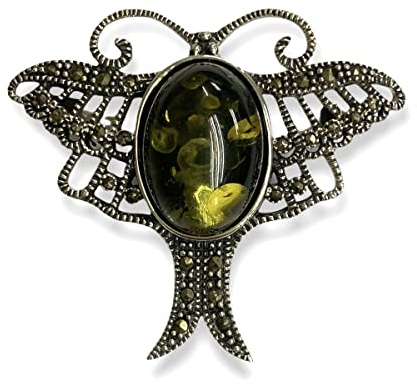 Victorian Style Butterfly Pin Brooch/Pendant with Green Amber and Marcasite Stone 925 Sterling Silver (Brooch)