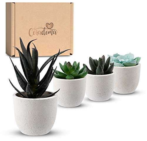 Coradoma Künstliche Pflanzen Mini 4er Set Weiß Dekoration Kunstpflanzen im Topf | Wohnzimmer Deko modern Küchendeko | Kunstblume Sukkulente Fensterbank Schreibtisch Wanddeko Büro