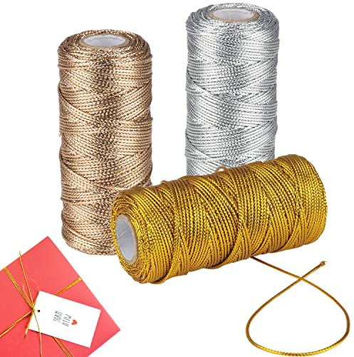 ZDNT 3 rullar guldtråd, guldtråd, metallisk guldsträng, 1,5 mm gyllene snöre för glitter dekoration hantverk rep, juldekoration, presentförpackning, kreativa hobbyer