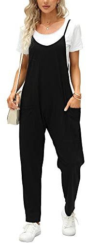 Ebifin Women's Dungarees Sleeveless Summer Long Overalls V Neck Jumpsuit Loose Playsuits with Pockets, black, XXL