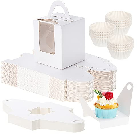 Fippy 50 Stück Cupcake-Boxen mit 100 Stück Papier-Förmchen, weiße Boxen mit Fenster, kleine Kuchenboxen für Geburtstage, Hochzeiten, Partys, Bäckereien, (1 Loch (weiß))