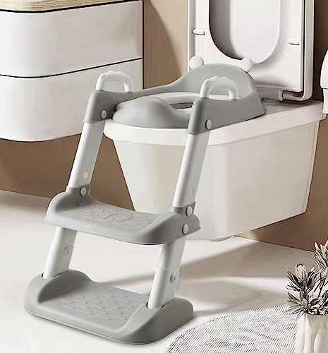 PandaEar Asiento de Entrenamiento para el Baño con Escalera, Orinal Cómodo y Seguro con Almohadillas Antideslizantes para Niños, Niñas y Bebés (Gris)