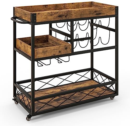 TANGZON 3-Tier Serving Cart, Rolling Drinks Trolley with Removable Tray, Wine Rack, Glass Holder & Lockable Wheels, Home Bar Utility Storage Shelves Organiser (with Removable Top Tray, 80x40x83cm)