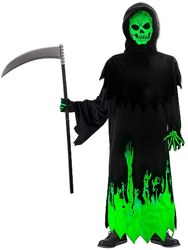 Pianocean Sensenmann Kostüm Kinder, Kostüm Sensenmann mit Sense, Faschingskostüme Kinder Leuchtendes Sensenmann Kostüm, Faschingskostüme Kinder Junge Mädchen für Karneval Halloween Party