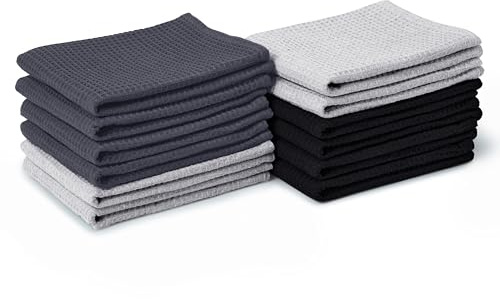 Encasa XO Kitchen Dish Towels Set | Multicolor 3 | Waffle Weave and Flat Hand Tea Towel | 70x45 cm | Quick Drying Reusable Cotton Washcloths | Multipurpose Lightweight Dishcloths Set of 12