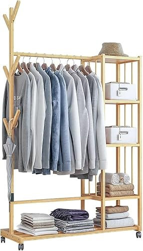 Kleiderständer für Schlafzimmer, Garderobenständer aus Bambus mit Rollen für Schlafzimmer, Aufbewahrungsregal, 360° drehbar, Tragkraft 60 kg, 100 x 33 x 176 cm