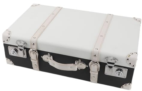 Luqeeg Retro-Koffer, Exquisiter Griff, PU-Leder, Europäischer Kleiner Koffer, Dekorative Box, Metall, Vintage-dekorative Box, Tolles mit Riemen für Unterwegs (weiß schwarz)