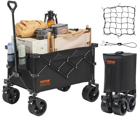 VEVOR Carro de Jardín Plegable Carro de Transporte de Playa 113 L Carga Máxima 250 libras con Ruedas Soporte para Bebidas, Carro Deportivo Resistente para Camping, Compras, Jardín, Exterior, Negro