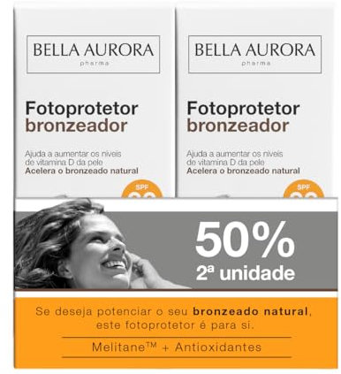 BELLA AURORA - Fotoprotector Bronceador Facial SPF 30 Pack de 2 x 50ml, para la Cara, Protección Solar Alta, Acelera Bronceado Natural, Incrementa Niveles de Vitamina D, con Melitane y Antioxidantes