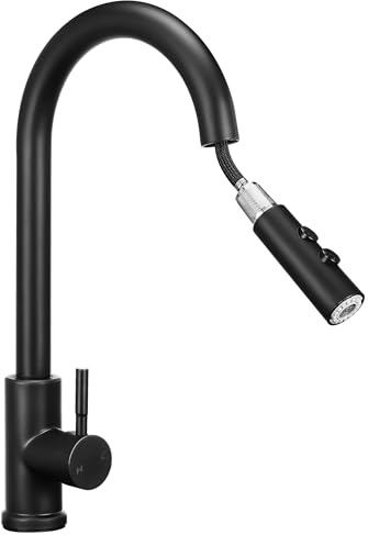 Robinet Cuisine Douchette avec 2 Modes de Pulvérisation, Robinet de Cuisine Haute Pression Noir, Robinet D'évier Orientable à 360°, Robinet Mitigeur en Acier Inoxydable Brossé