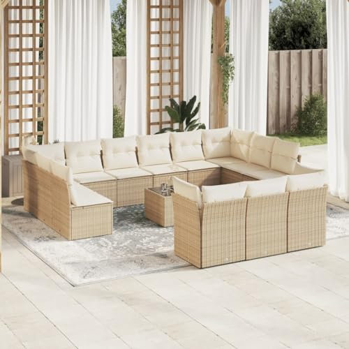 ULUYYUC 14-TLG. Garten-Sofagarnitur, Terrassenmöbel Eckbankgruppe Balkonmöbel Eckbank Küche Geeignet für Balkon Außenbereich Hinterhof Garten mit Kissen Beige Poly Rattan