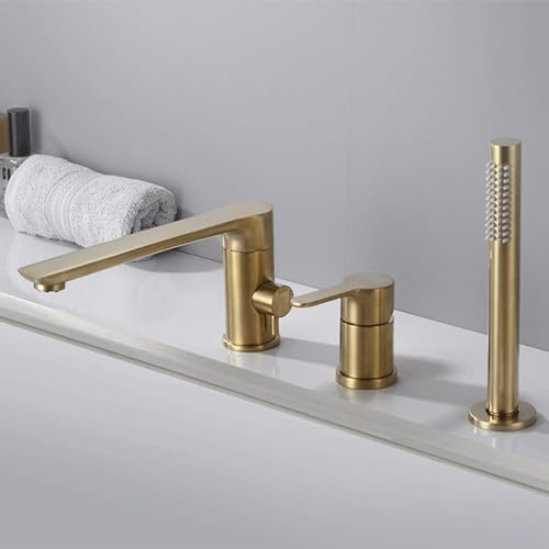 XJTNLB Bath Mixer Tap with Deck Mounted Shower 3 Hole Bath Tub Mixer Tap with Shower Bathroom Hot Cold Water Tap Mixer Shower,Brushed Gold