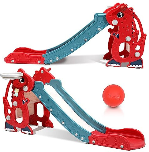 ISOISL Scivolo 4 in 1 Pieghevole per Bambini Con Cestino da Basket, per Interni ed Esterni, da 1 Anno, Colore Rosso