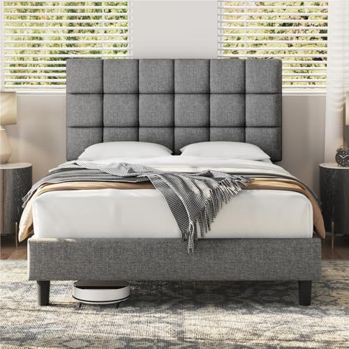 Yaheetech Cama Tapizada de 140 x 200 cm Cama de Matrimonio con Cabecero Regulable en Altura Marco de Cama Tapizado Estable con Listón de Madera, Color Gris Claro