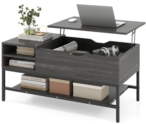 COSTWAY Lift Up Top Coffee Table, Wooden Lifting Cocktail Center Table with Hidden Storage Compartment and Open Shelf, Metal Frame Rectangle Accent Sofa Side Tea Table for Living Room (Grey)