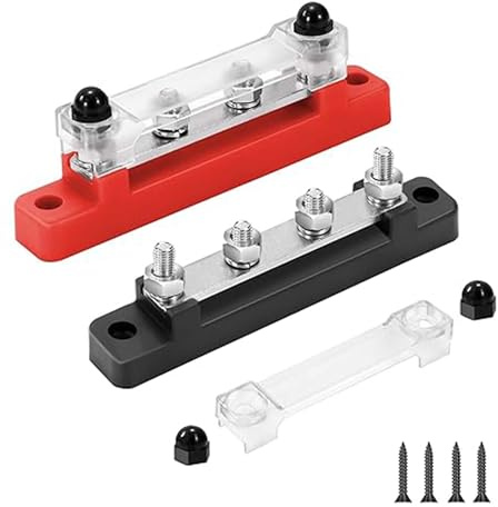 12V-48V Bus Bar with Cover: DC Busbar Power Distribution Block with 4 x M6 Terminal Studs, Power Rail for Car, RV, Boat, Marine (Red & Black, 2 Pieces)